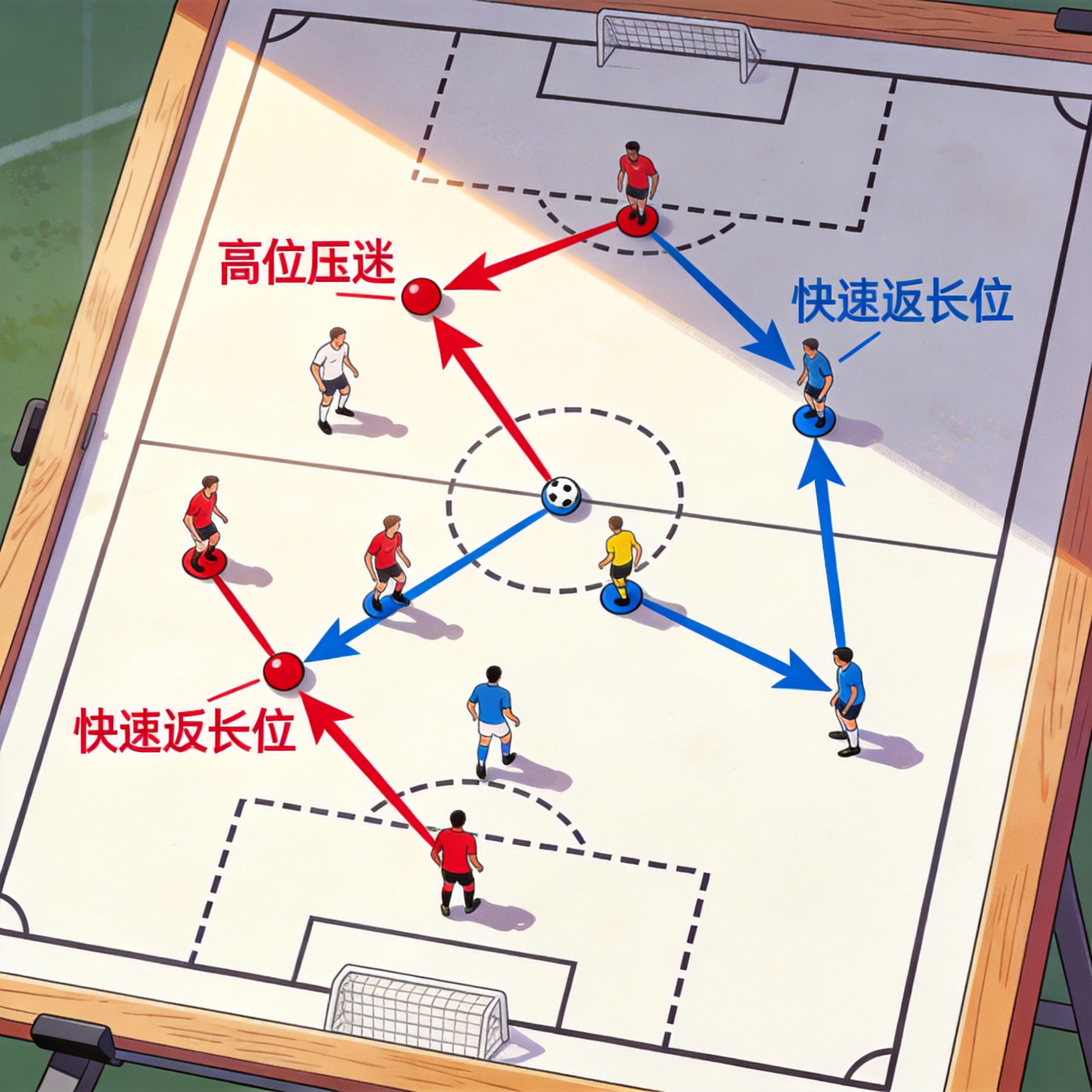 足球战术板上的攻防转换跑位示意